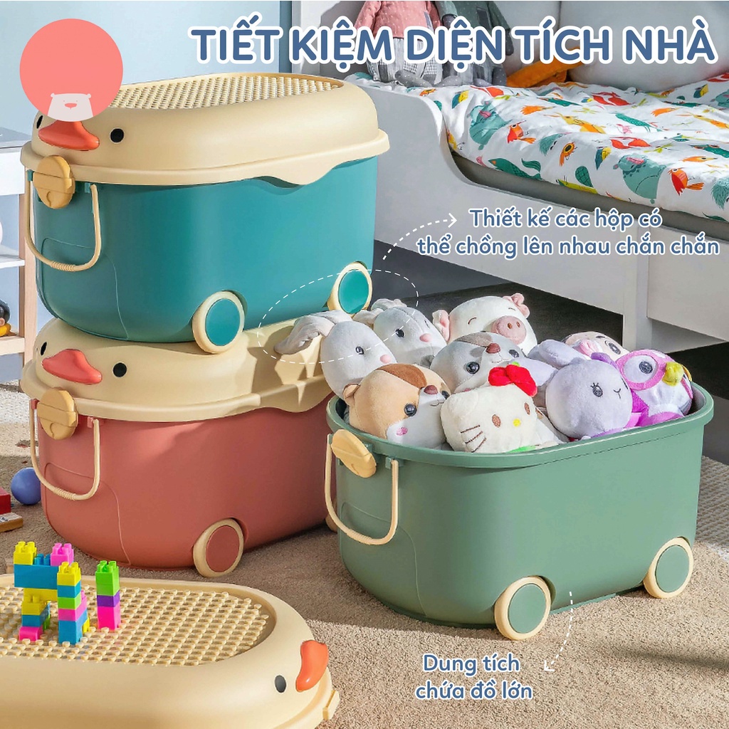 Hộp Đồ Chơi Thùng Đựng Cất Đồ Chơi Cho Bé Hình Vịt Heo Có Bánh Xe