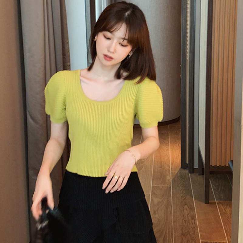 Áo Thun Dệt Kim Tay Ngắn Cổ Vuông Thời Trang Mùa Hè Cho Nữ
