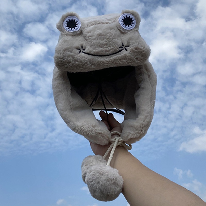 Mũ Trùm Đầu Giữ Ấm Tai Đính Mắt Ếch Nhồi Bông Dễ Thương Cho Nữ