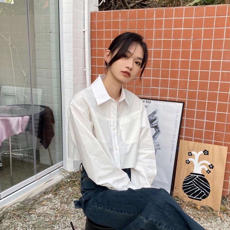 Áo Sơ Mi Nữ Croptop Thiết Kế Dài Tay Form Rộng Phối Túi Ngực Phong Cách Ulzzang Thời Trang Sugal SO MI NU 029V3