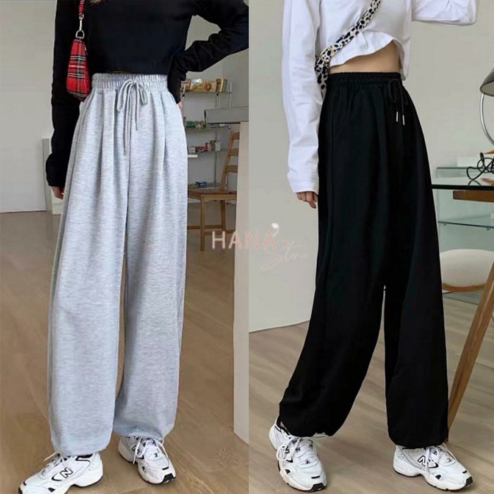 Quần jogger nữ ống rộng bo chun gấu dài ống suông có túi - Quần jogger nữ nỉ dây rút đen thể thao hiphop gym vải da cá