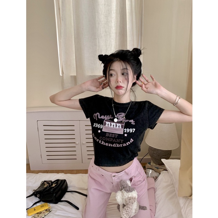 Áo Thun Dáng Ôm In Họa Tiết Kiểu retro Mỹ Xinh Xắn Cho Nữ