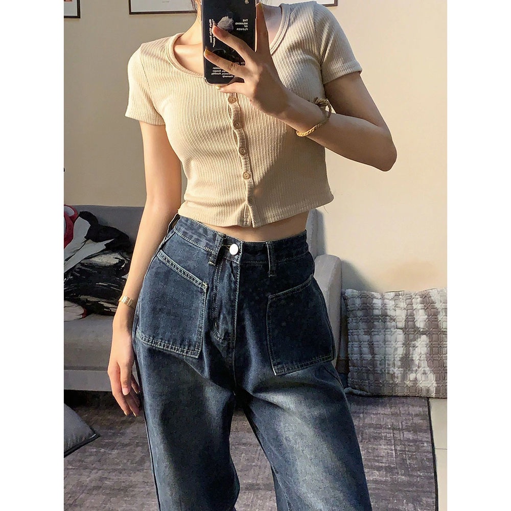 Quần Jeans Lưng Cao Ống Rộng Phong Cách Đường Phố Mùa Hè Cho Nữ