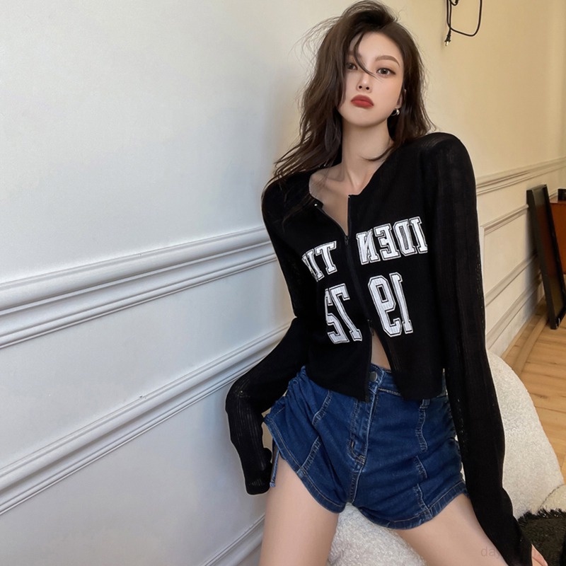 Áo Croptop Tay Dài Vải Lụa Lạnh Chống Nắng Phối Khóa Kéo Kiểu Hàn Quốc Cá Tính