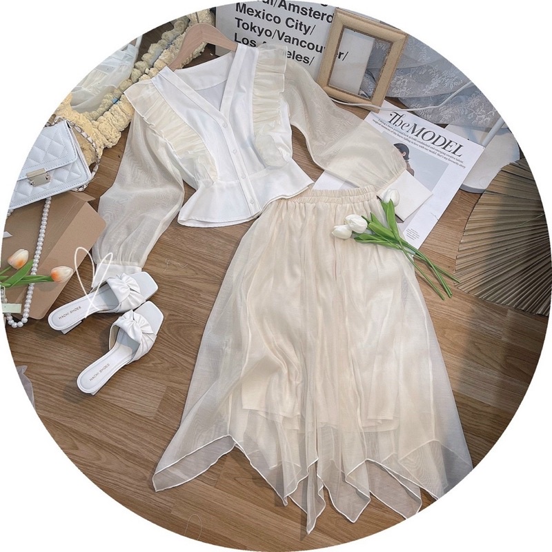 SET ÁO VOAN TƠ BÈO TD  + CHÂN VÁY MIDI NHỌN NUDE