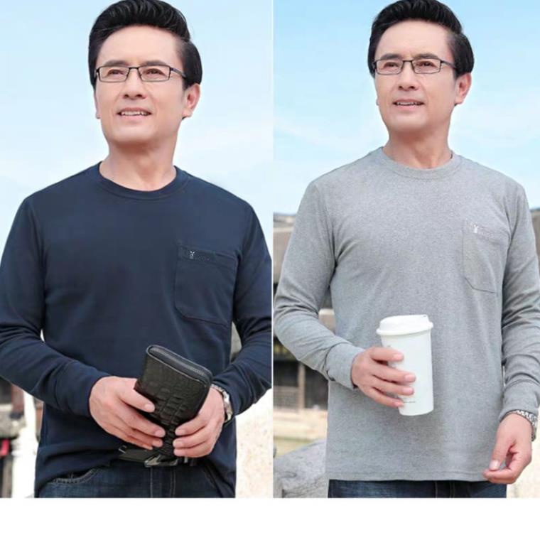 mùa xuân và thu áo thun dài tay cho người trung niên cao tuổi cổ tròn cotton có túi rời bố mặc mỏng đáy -mn9
