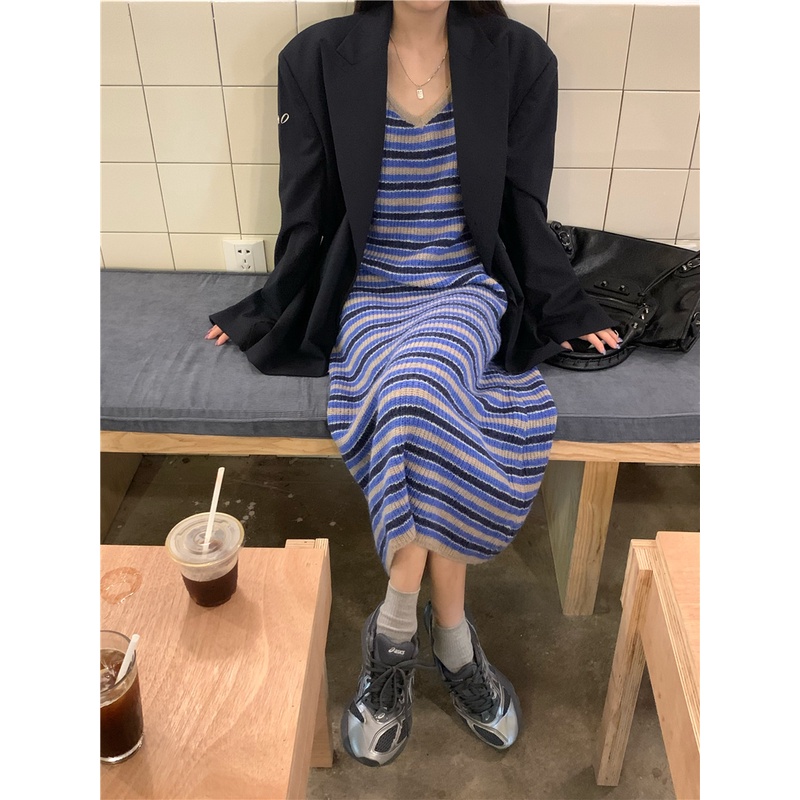 Đầm Dệt Kim Hai Dây Cổ Chữ v Dáng Ôm Họa Tiết Kẻ Sọc Thời Trang Hàn Quốc Dành Cho Bạn Nữ