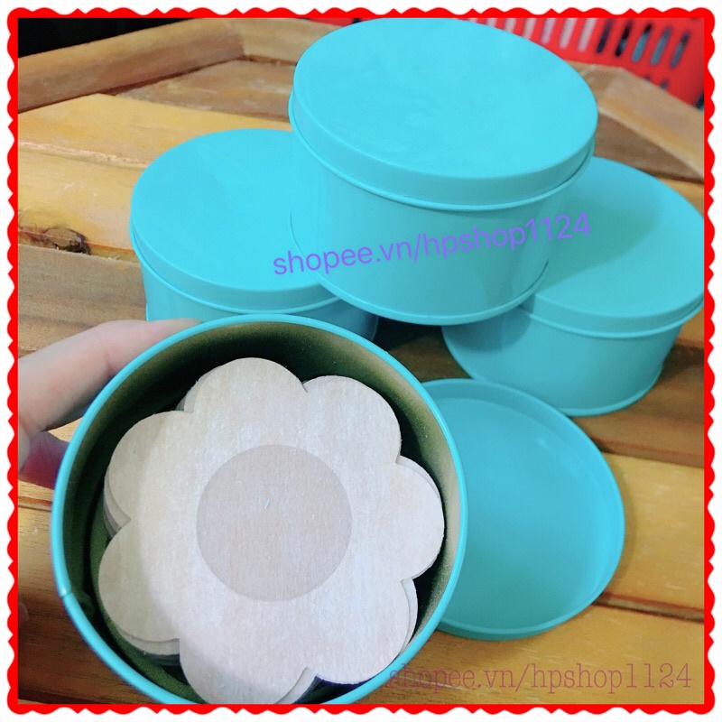 60 Miếng dán ngực - Miếng dán ti giấy hình hoa mai hộp thiếc xanh