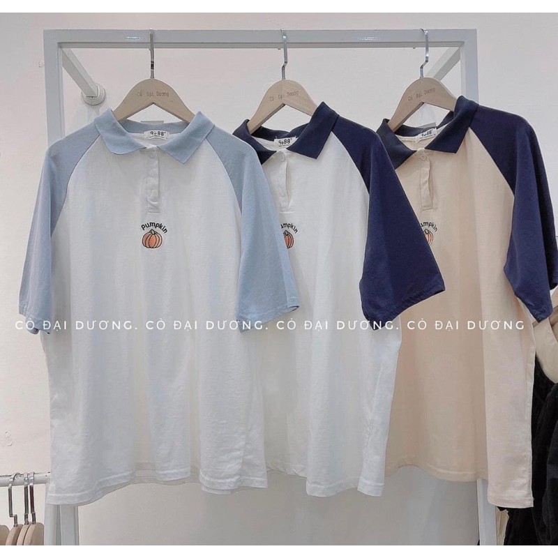 [Rẻ vô địch] Áo cotton tay lỡ unisex -Áo polo cổ đức, Áo cổ bẻ phối tay thêu quả bí.