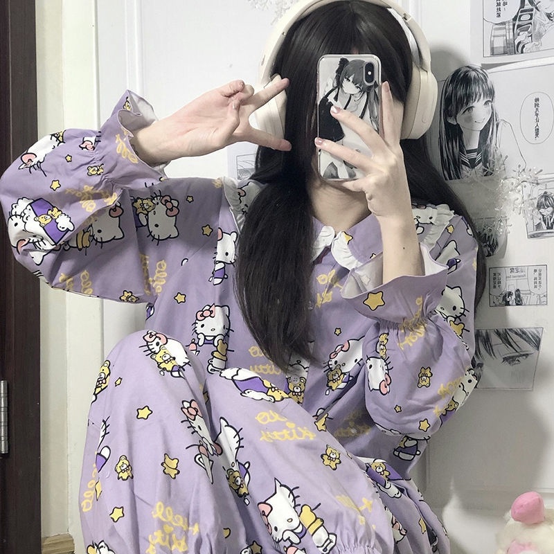 ✌ trong bộ đồ ngủ Nhật Bản nữ sinh mùa xuân mới giấc mơ màu tím Hello Kitty dễ thương cô gái mềm mại quần áo mặc nhà hai