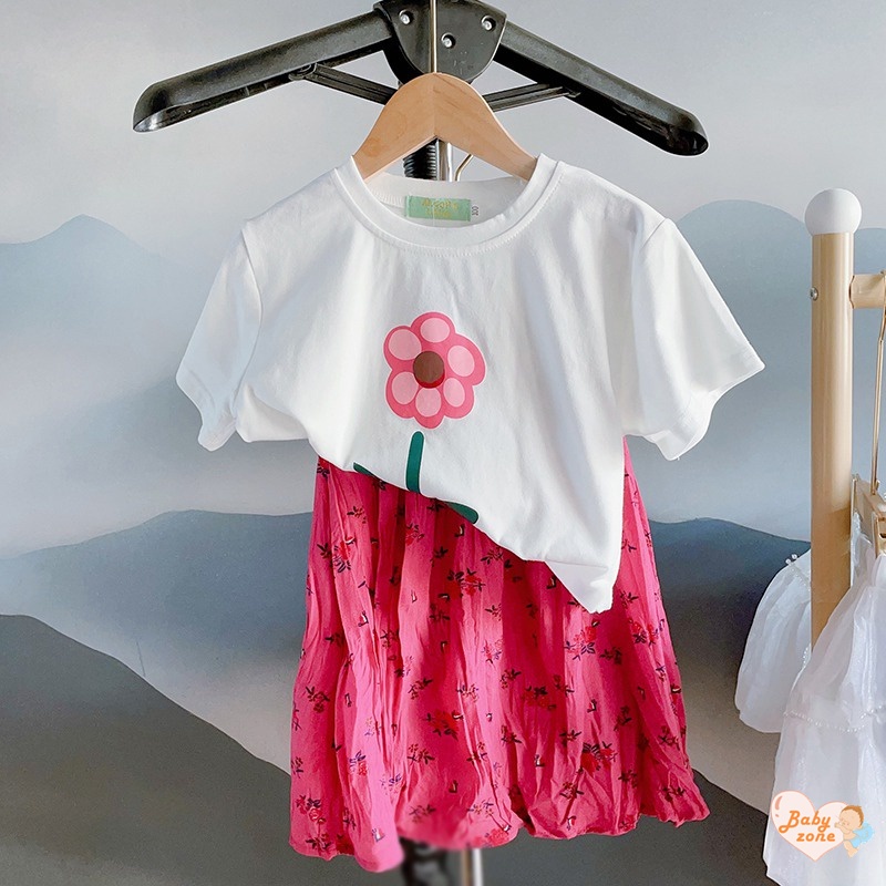 Set Áo Hoa Và Chân Váy Xếp Ly Phong Cách Hàn Quốc Cho Bé Gái