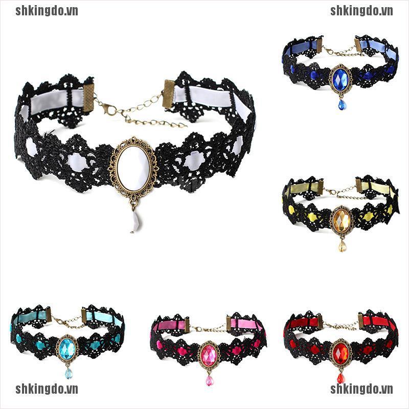 Vòng Cổ Choker Dây Nhung Đen Đính Đá Pha Lê Phong Cách Gothic