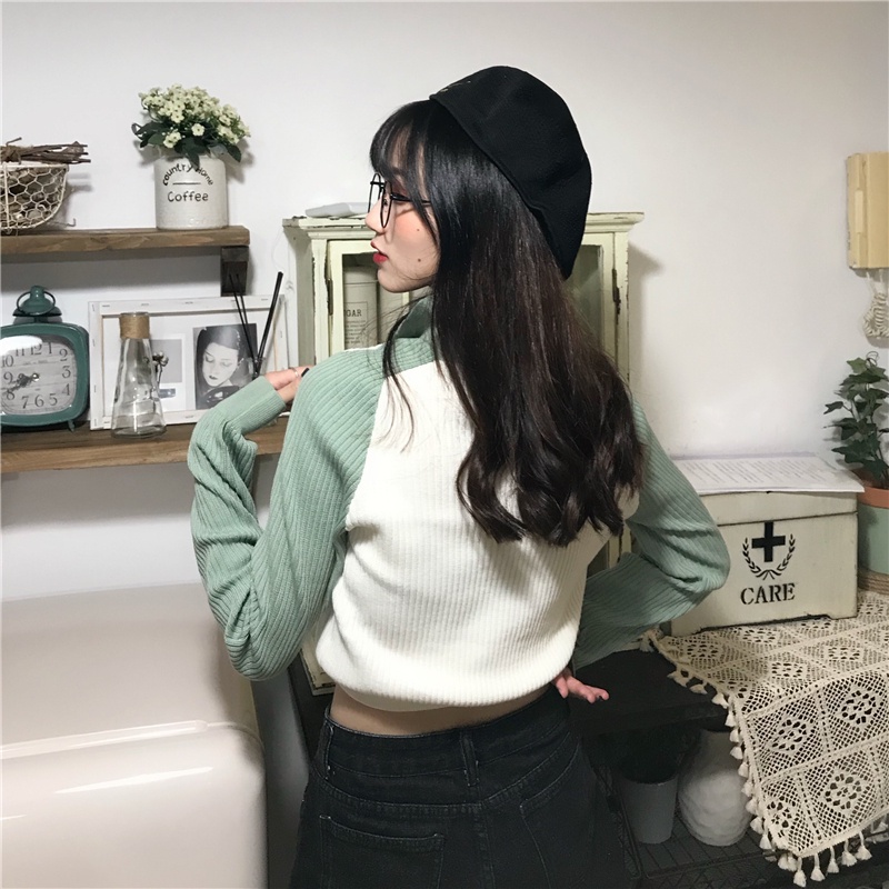 Áo kiểu ZHELIHANGFEI tay dài cổ polo dáng ngắn hở rốn dệt kim dễ phối đồ phong cách đi học thời trang