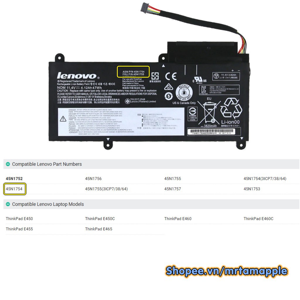 Pin Laptop LENOVO E450 (ZIN) - 6 CELL - ThinkPad E450 E450C E455 E460 E460C 45N1752