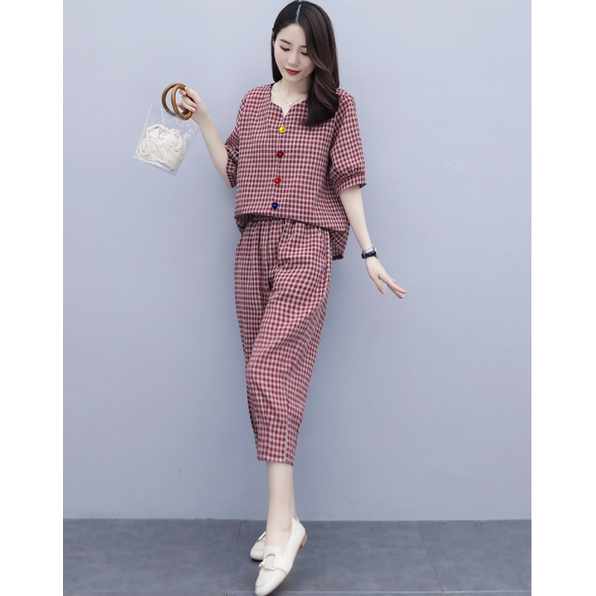 Bộ đồ nữ mặc nhà và đi chợ họa tiết kẻ ô mặc cực đẹp và thoải mái
