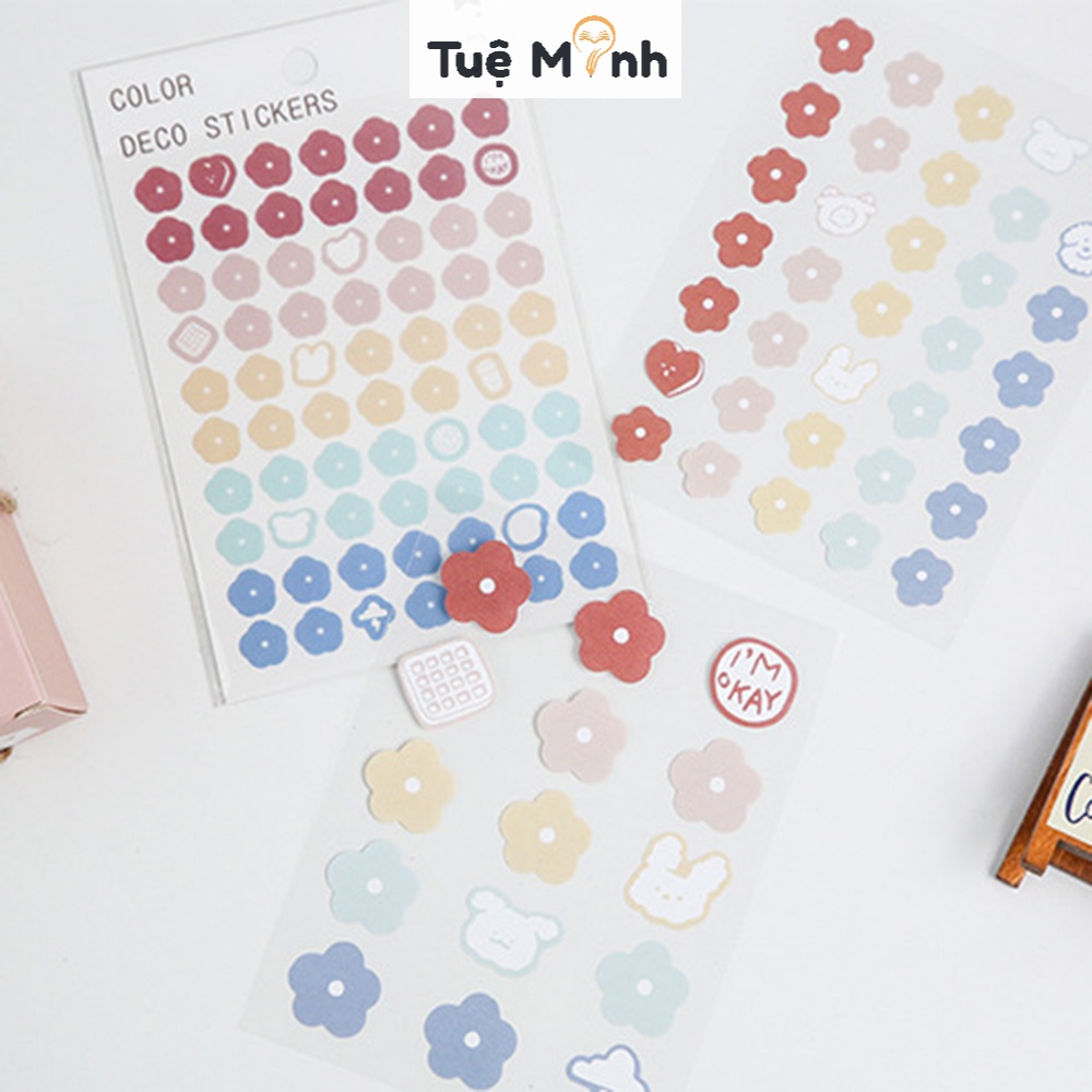 Sticker dễ thương 3 tấm 120 miếng dán STI53 hình gương mặt cute, bong bóng, bông hoa dán trang trí