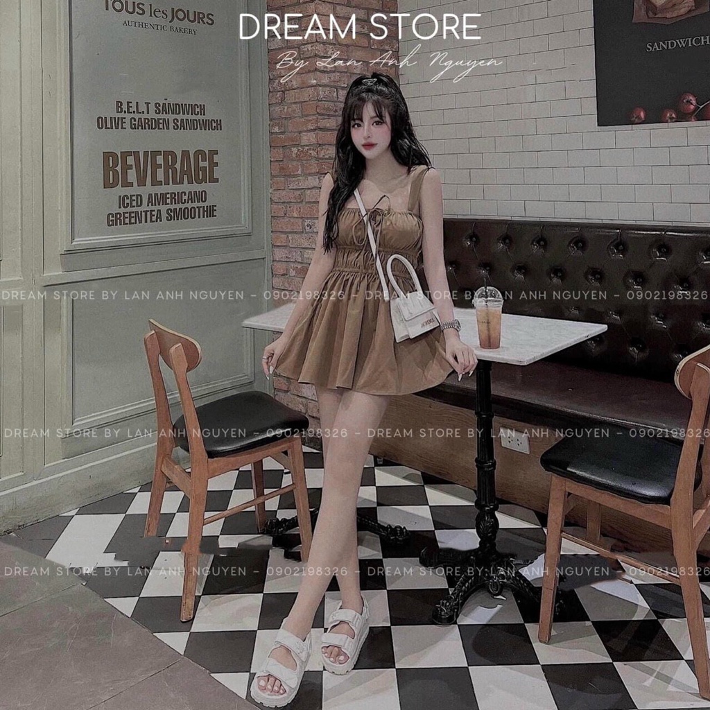 [8.8 Sales Freeship] Đầm 2 dây nhún ngực cột nơ, đầm tiểu thư dáng ngắn sexy nhún ôm eo, đầm midi xòe bánh bèo