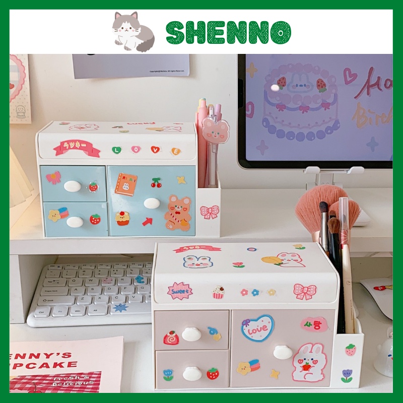 Hộp để bàn đựng đồ đa năng  đựng bút nhiều ngăn kéo để đồ dùng học tập bàn học tặng sticker SHENNO HOP03