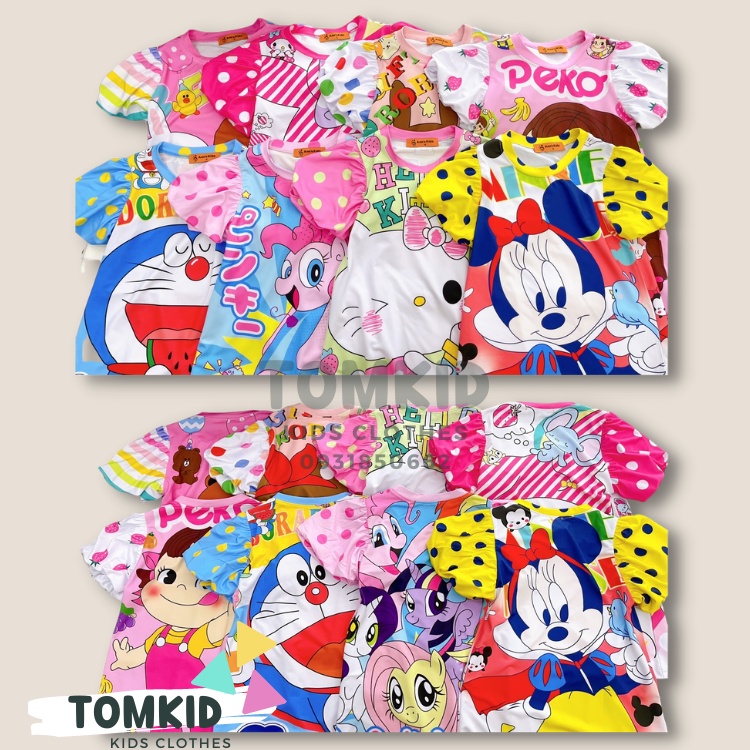 Đầm bé gái, váy đầm chữ A thun lạnh cho bé tay phồng hoạt hình 9-43kg Tomkids