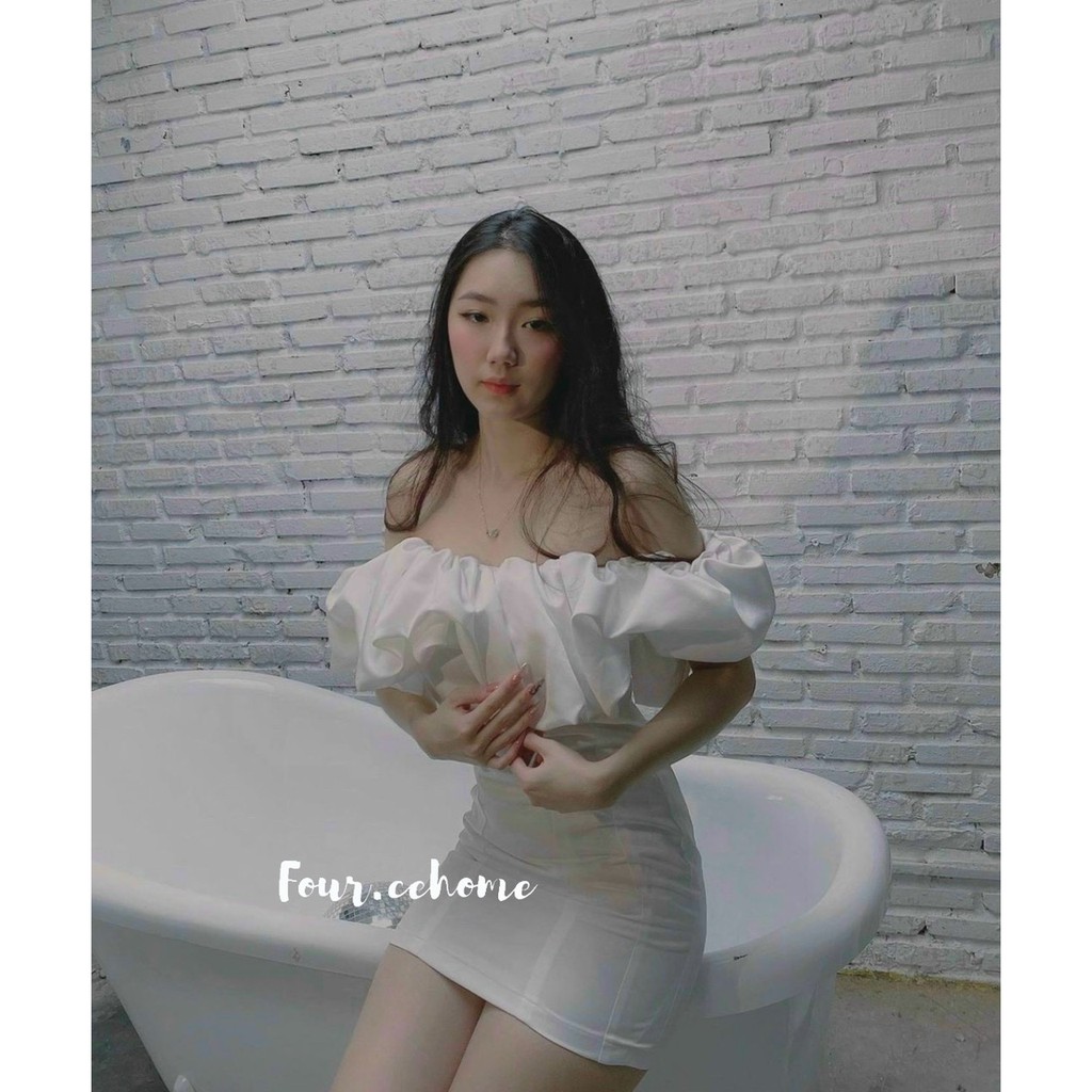 Đầm trễ vai bồng ngực 2 màu trắng, đen