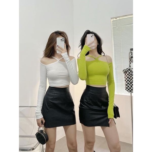 Áo kiểu gân khoét vai tay dài | BigBuy360 - bigbuy360.vn