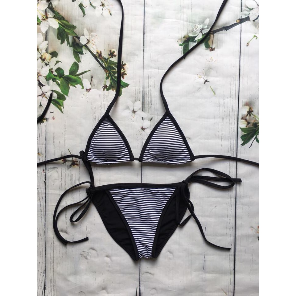 Bộ bơi bikini hai mảnh cột dây họa tiết sọc sexy