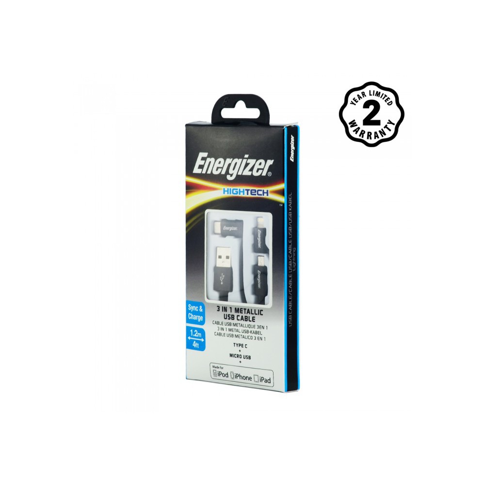 Cáp sạc 3 trong 1 Energizer Metallic MFi Lightning MicroUSB USB Type-C dài 1.2m-C13UBX3CF