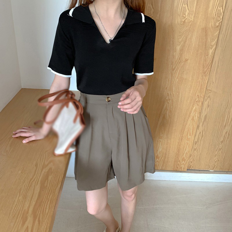 Áo Thun Dệt Kim Tay Ngắn Cổ Bẻ Đơn Giản Phong Cách Retro Mùa Hè Cho Nữ