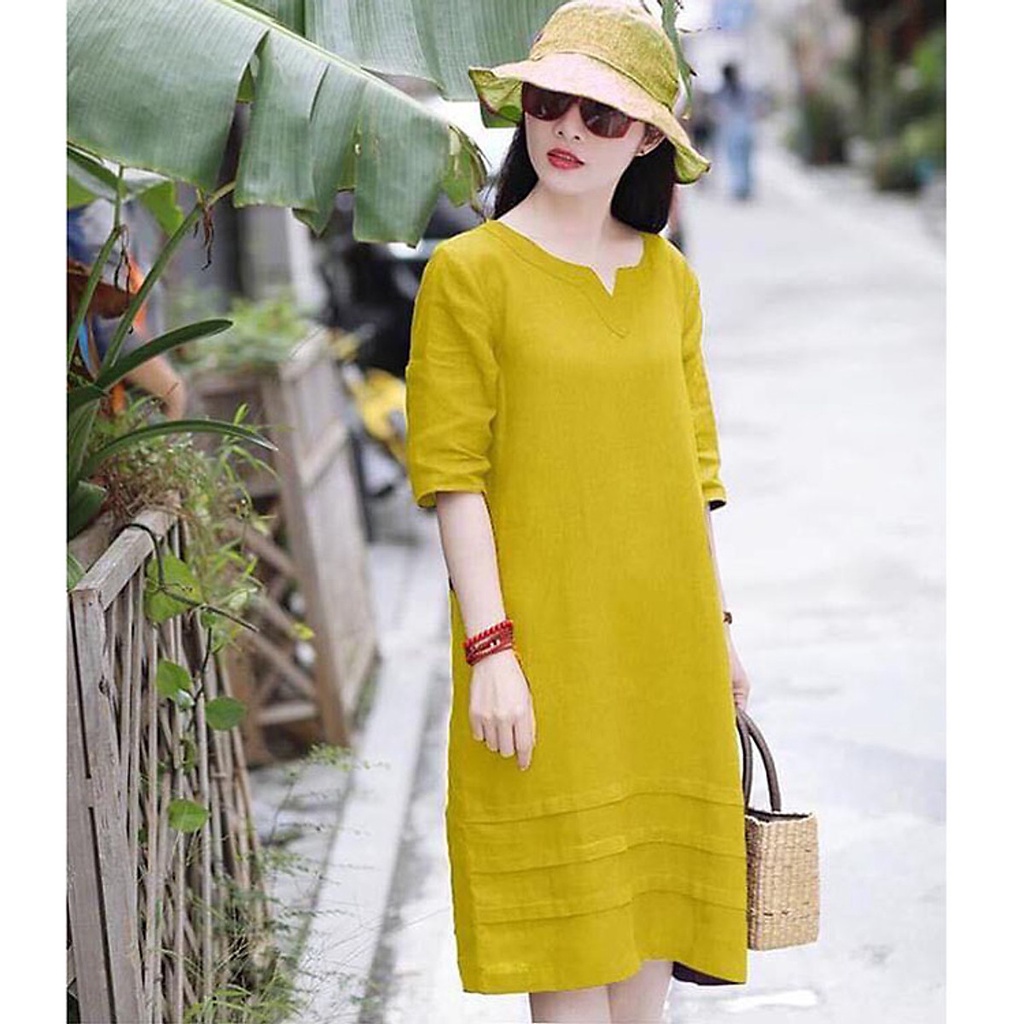 (TỔNG KHO LÂM ANH CHUYÊN SỈ) Đầm suông linen cổ phát V, chất linen mềm mát