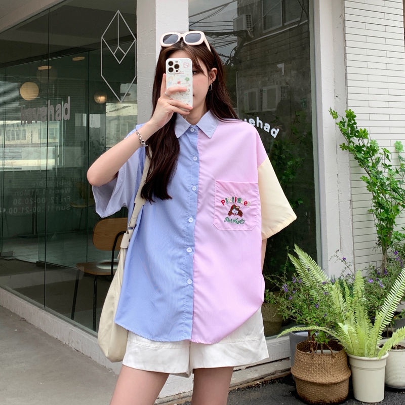 Áo Sơ Mi Tay Ngắn Kẻ Sọc Màu Sắc Tương Phản Phong Cách Hong Kong Thời Trang Mùa Hè Cho Nữ