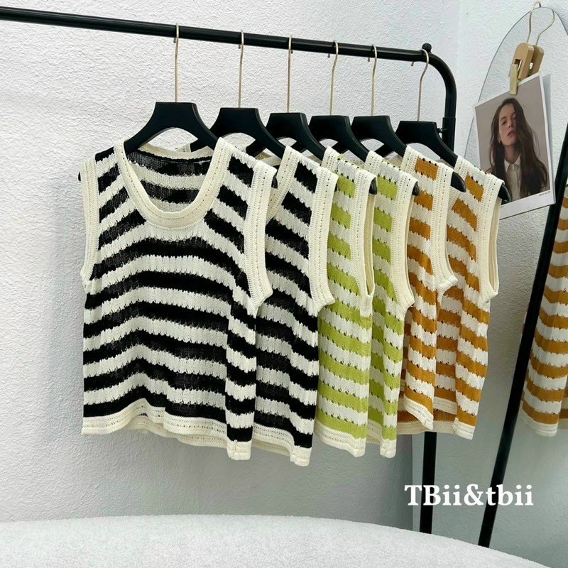 Áo Len Sát Nách Kẻ Ngang lỗ nhỏ, ba màu trend