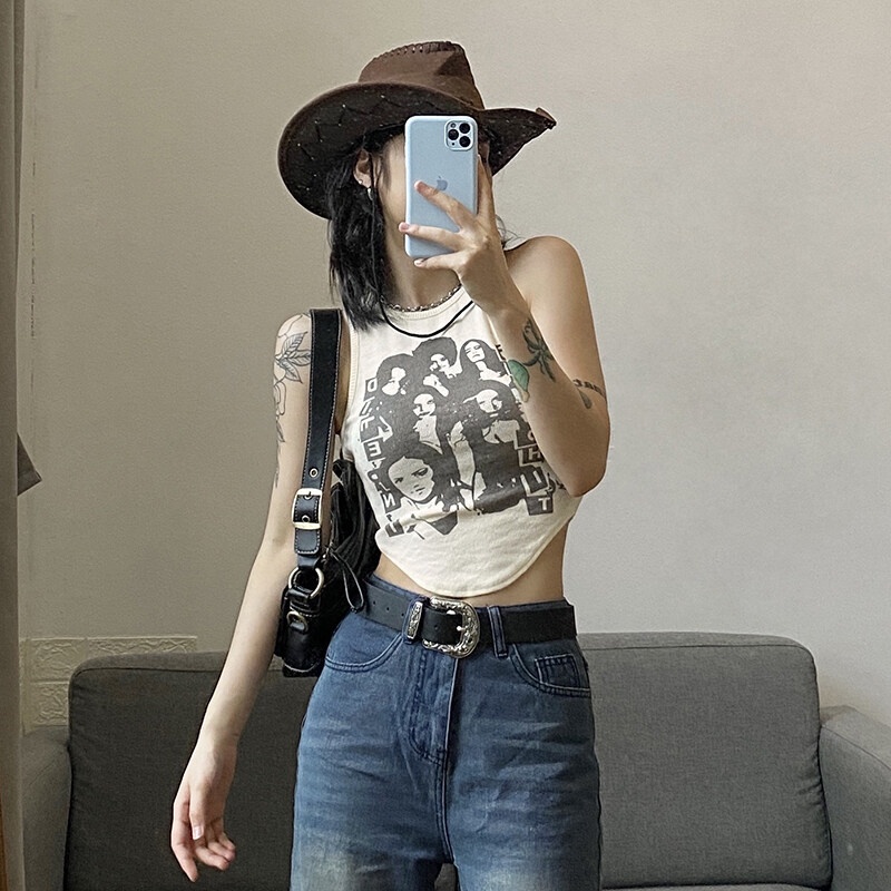 Kliou 2023 Mới Áo crop top KLIOU sát nách ôm dáng in họa tiết phong cách cổ điển thời trang mùa hè 2023 mới dành cho nữ