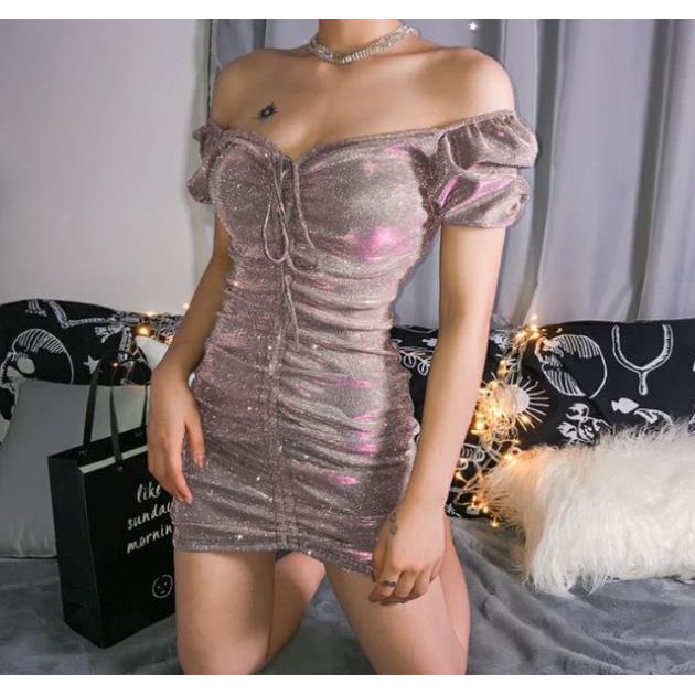 ✨ Váy đầm body dự tiệc trễ vai dây rút kim tuyến lấp lánh bling bling sequin  ྇ ྇