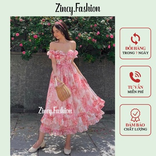 Đầm trễ vai cúp ngực hoa nhí vintage váy maxi đi biển sexy midi có mút Kèm hình thật
