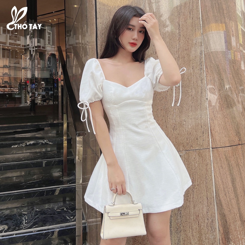 Đầm xòe A tay phồng đính nơ THỎ TÂY D469X236
