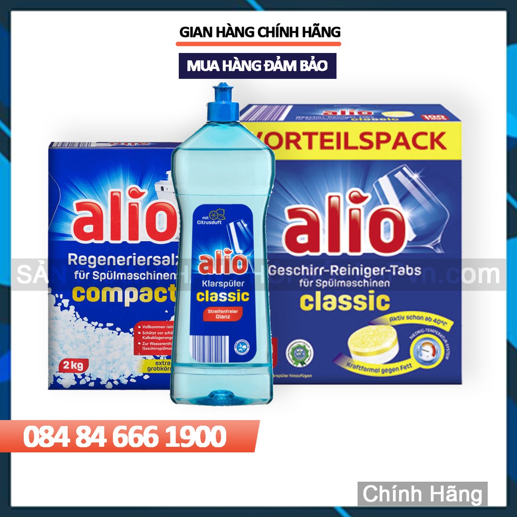 Combo Viên rửa bát Alio Classic 100 viên, muối rửa bát 2kg, nước làm bóng 1000ml