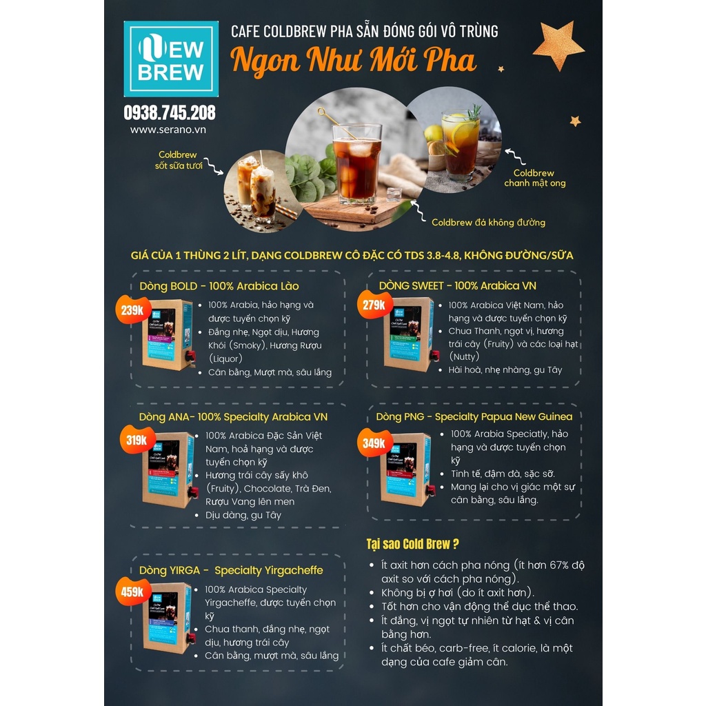 Cà phê ủ lạnh cold brew coffee Arabica pha sẵn uống liền New Brew 2 lít, 100% cafe nguyên chất mộc đóng gói vô trùng