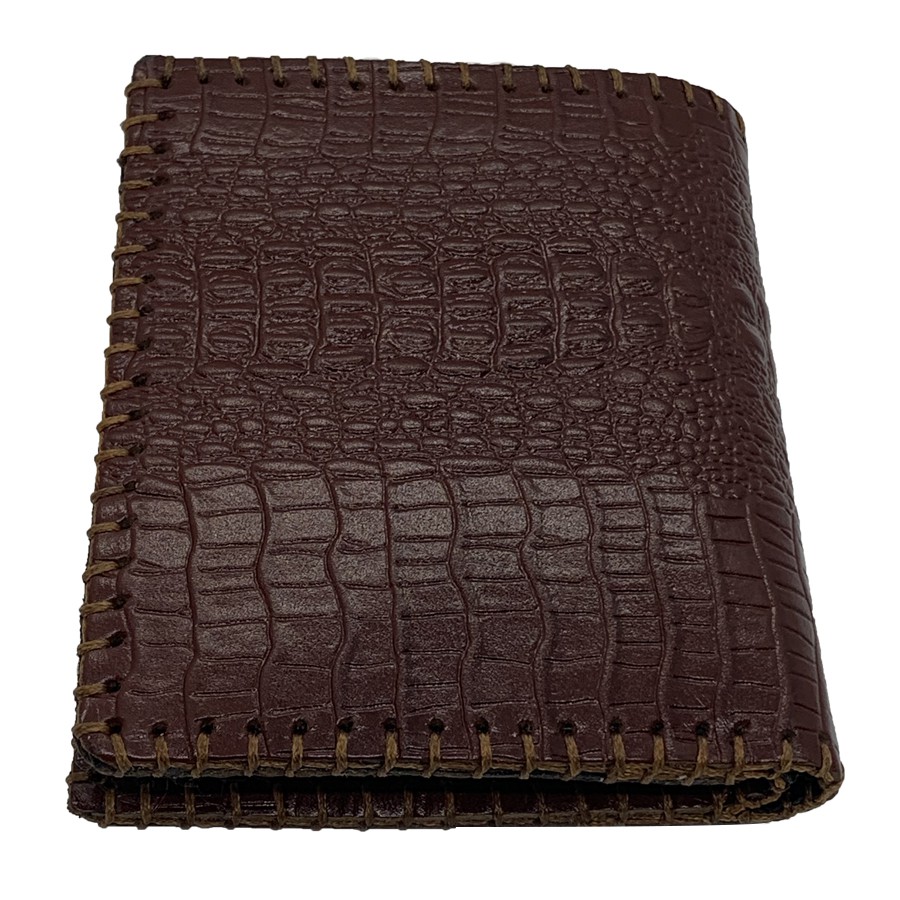 Ví Nam Đứng Da Bò Dập Vân Cá Sấu May Viền Tiến Công Màu Nâu - TCN1038