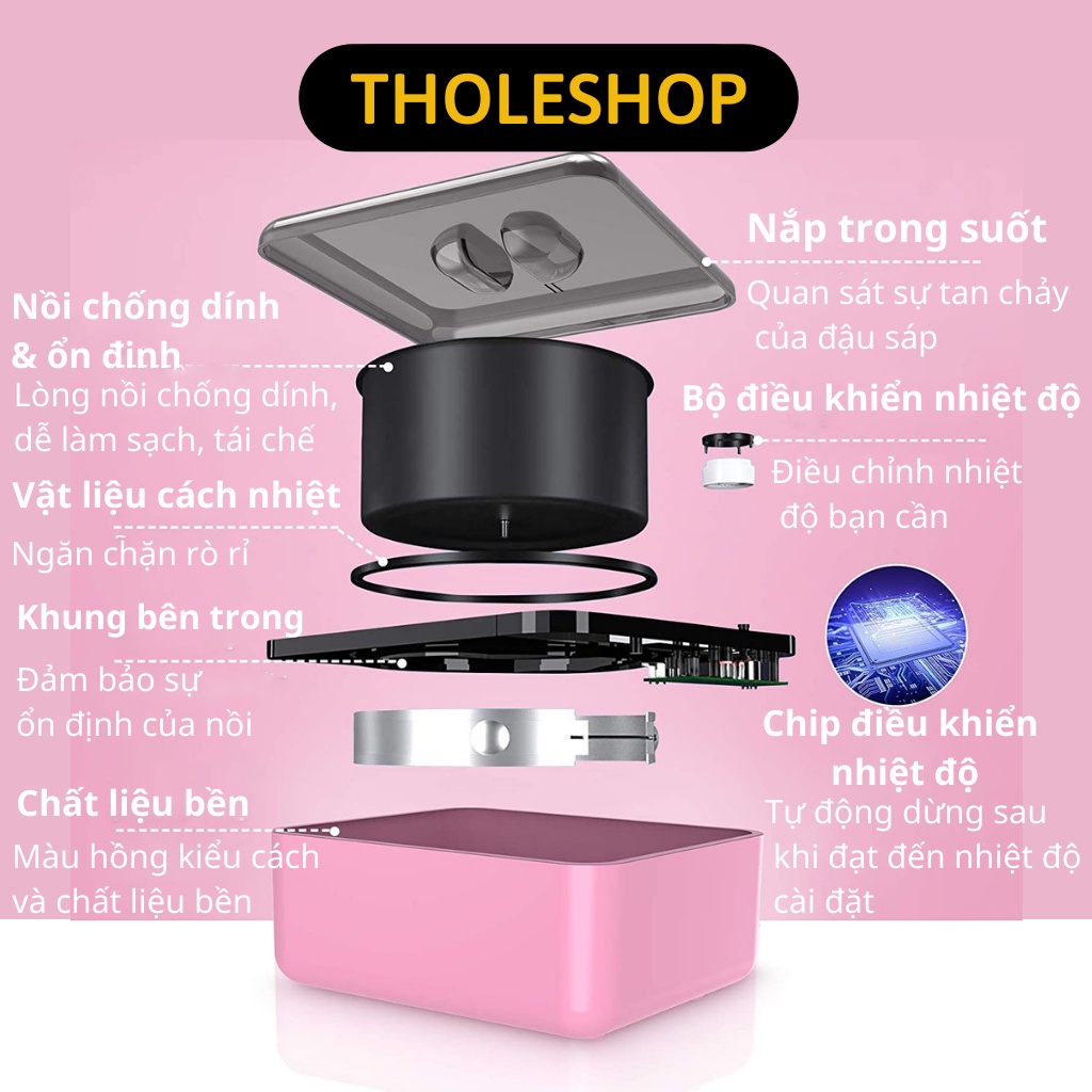 Combo Nồi Nấu Sáp Chống Dính Hồng - Sáp Wax Lông Premium - 5 Que Gạt Sáp Cao Cấp