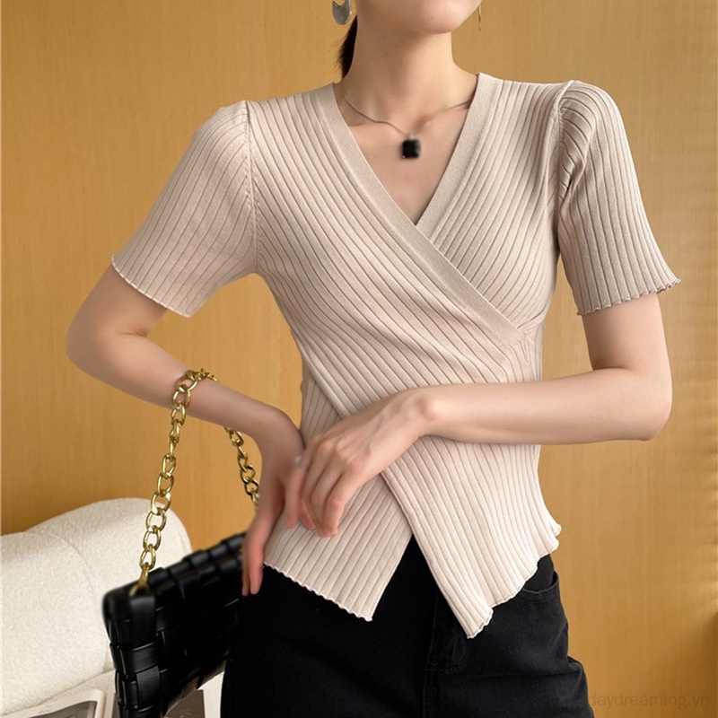 Áo Thun Dệt Kim Tay Ngắn Cổ Chữ V Màu Sắc Trơn Thời Trang Cho Nữ