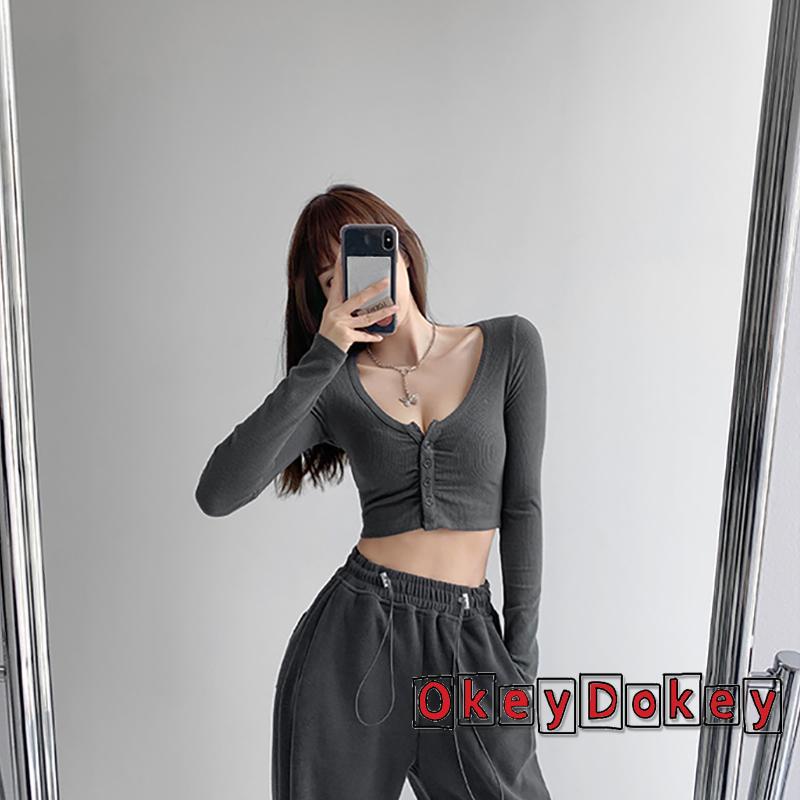 Áo Croptop Dệt Kim Tay Dài Cổ Chữ V Màu Trơn Cài Nút Cho Nữ