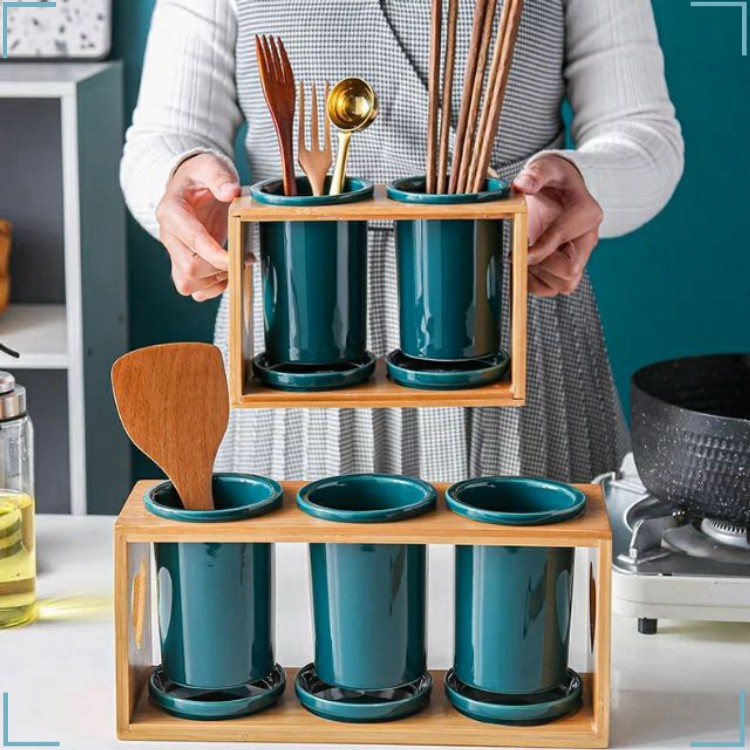 Cắm ống đũa sứ giá gỗ có hứng nước màu ngọc lục bảo, hàng cao cấp [ FreeShip ]