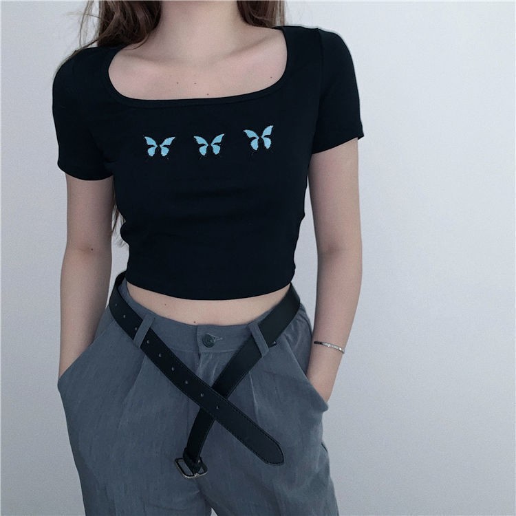 A&MC Amoi Butterfly T-shirt Nữ Tay ngắn Ngắn Cổ vuông Hàng đầu Thêu Rốn Xương đòn Thắt lưng Cao Học sinh