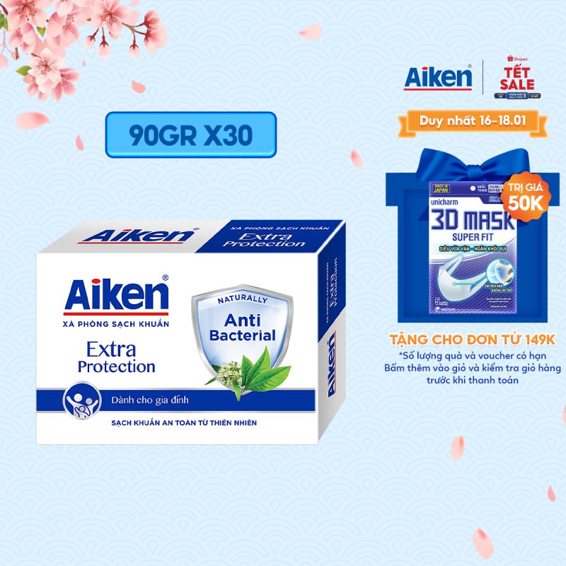 [Mã COSBDAG5 giảm 8% đơn 150k] Combo 30 xà phòng sạch khuẩn Aiken chiết xuất trà xanh 90g / hộp