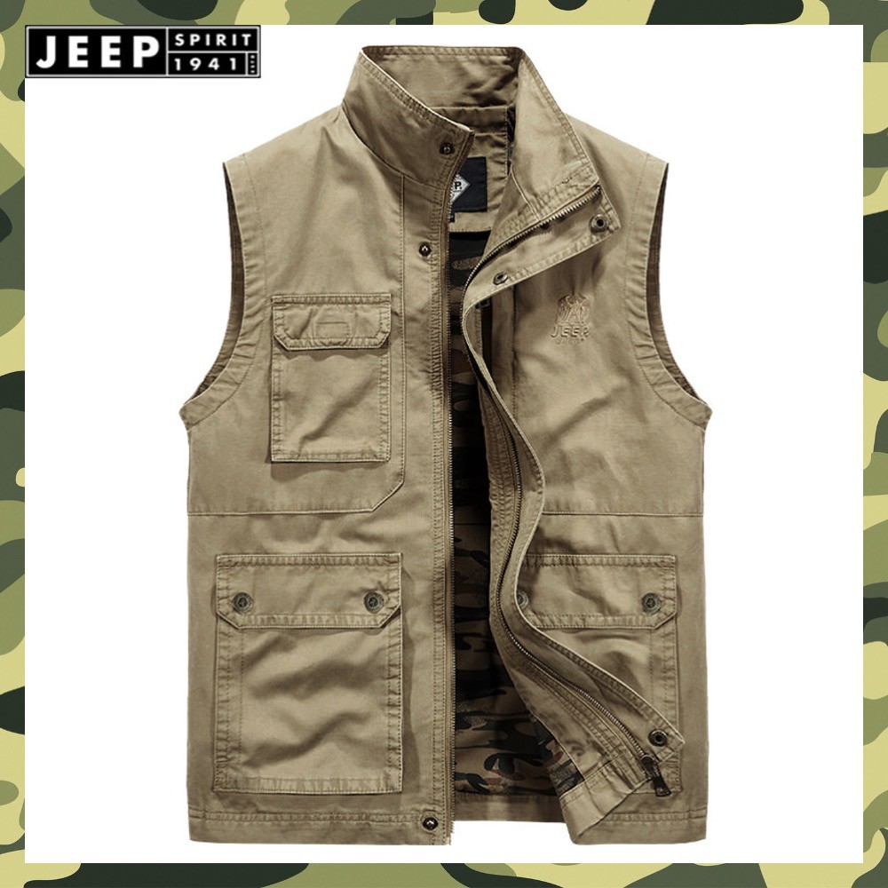 Sateen áo khoác ghi lê lính nam phong cách cổ điển mặc đi phượt, đi rừng, chạy mô tô chính hãng JEEP SPIRIT