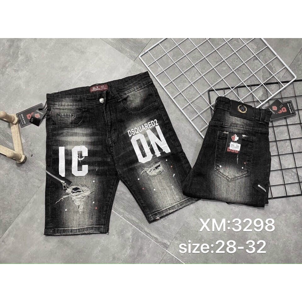 Quần Short Jean Nam Xám Đen In Chữ Rách Nhẹ Chất Bò Dày Dặn Co giãn Bốn Chiều Form Vừa
