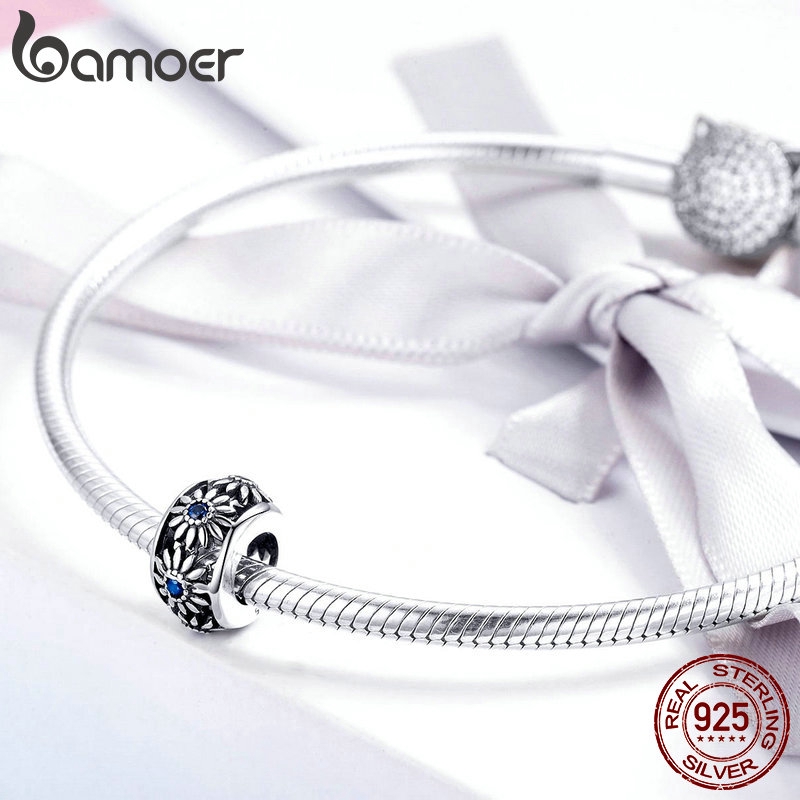 Hạt phụ kiện Bamoer SCC1118 bạc 925 họa tiết hoa cúc để trang trí trang sức thủ công