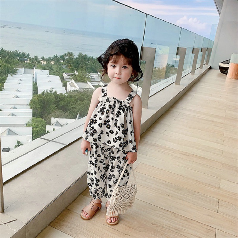 Bộ Áo Hai Dây Họa Tiết Hoa + Quần Dài Thời Trang Mùa Hè Cho Bé Gái