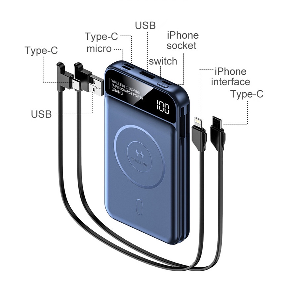 Sạc Dự Phòng Không Dây 10000mAh Kèm Dây Cáp Chuyên Dụng Cho iPhone 13 Pro Max 12Pro Samsung