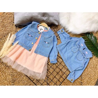 Xả Set áo khoác mèo jean + váy voan liền